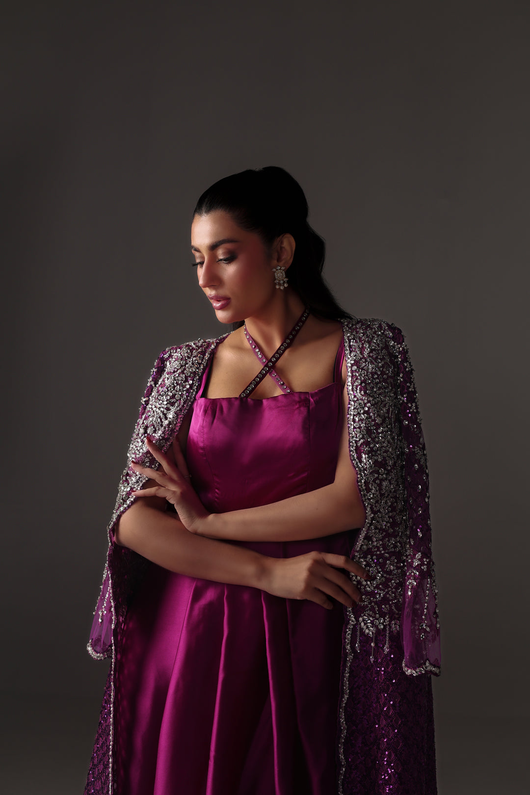 Reema Ahsan - Ava Net & Silk Jacket Dress For Women - Purple - 2 Piece