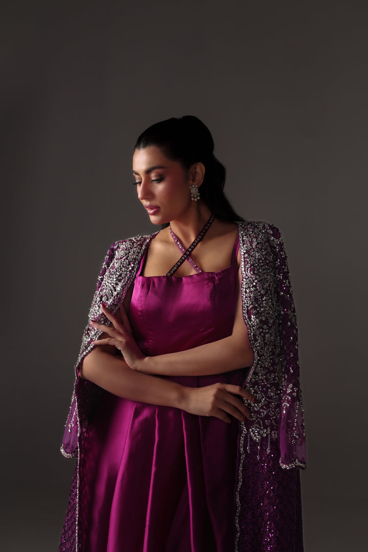 Reema Ahsan - Ava Net & Silk Jacket Dress For Women - Purple - 2 Piece