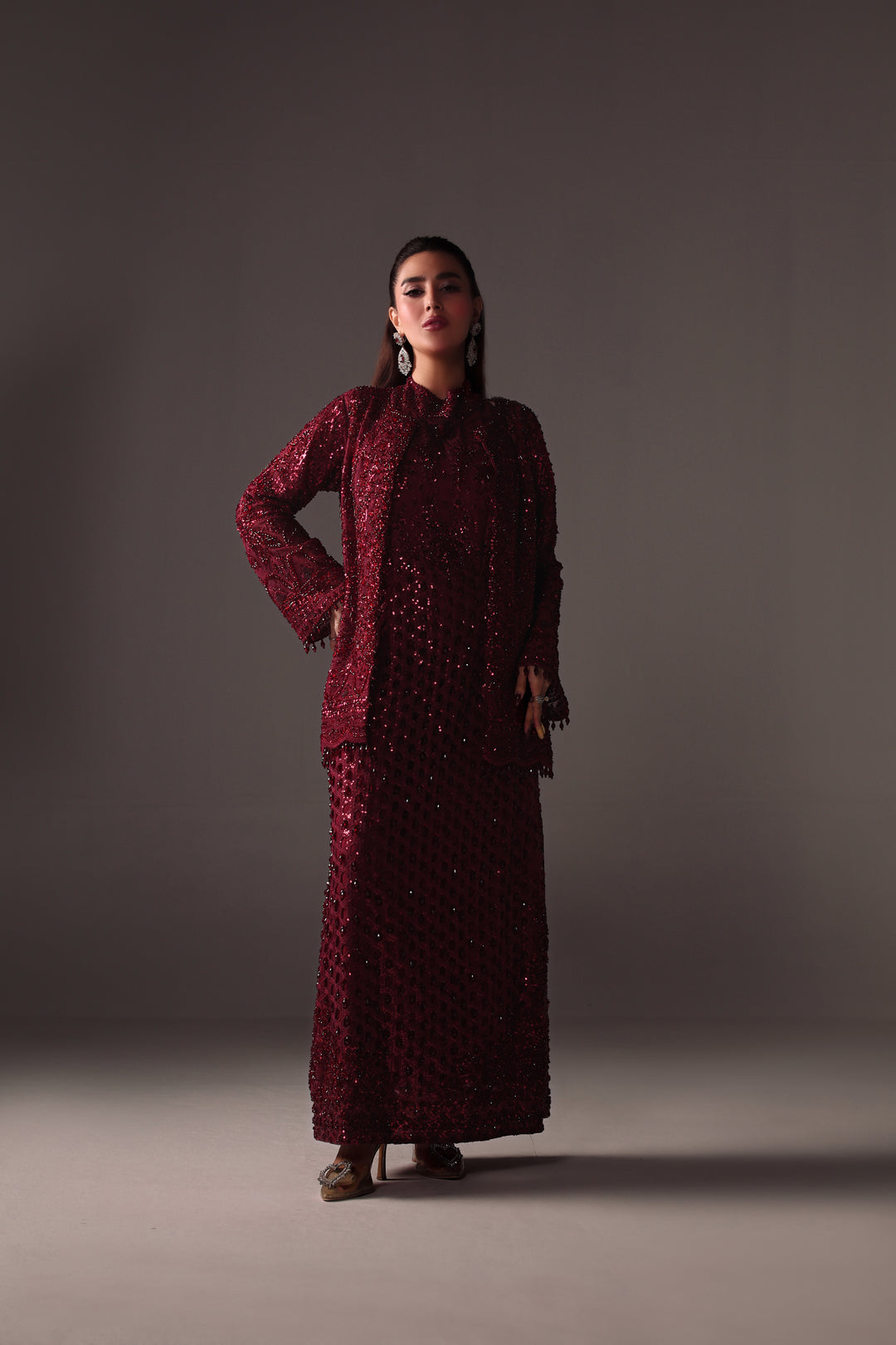 Reema Ahsan - Vira Net Jacket Dress For Women - Maroon - 2 Piece