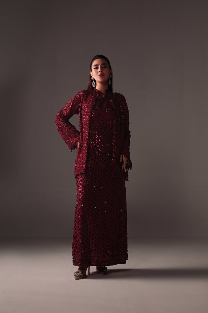 Reema Ahsan - Vira Net Jacket Dress For Women - Maroon - 2 Piece