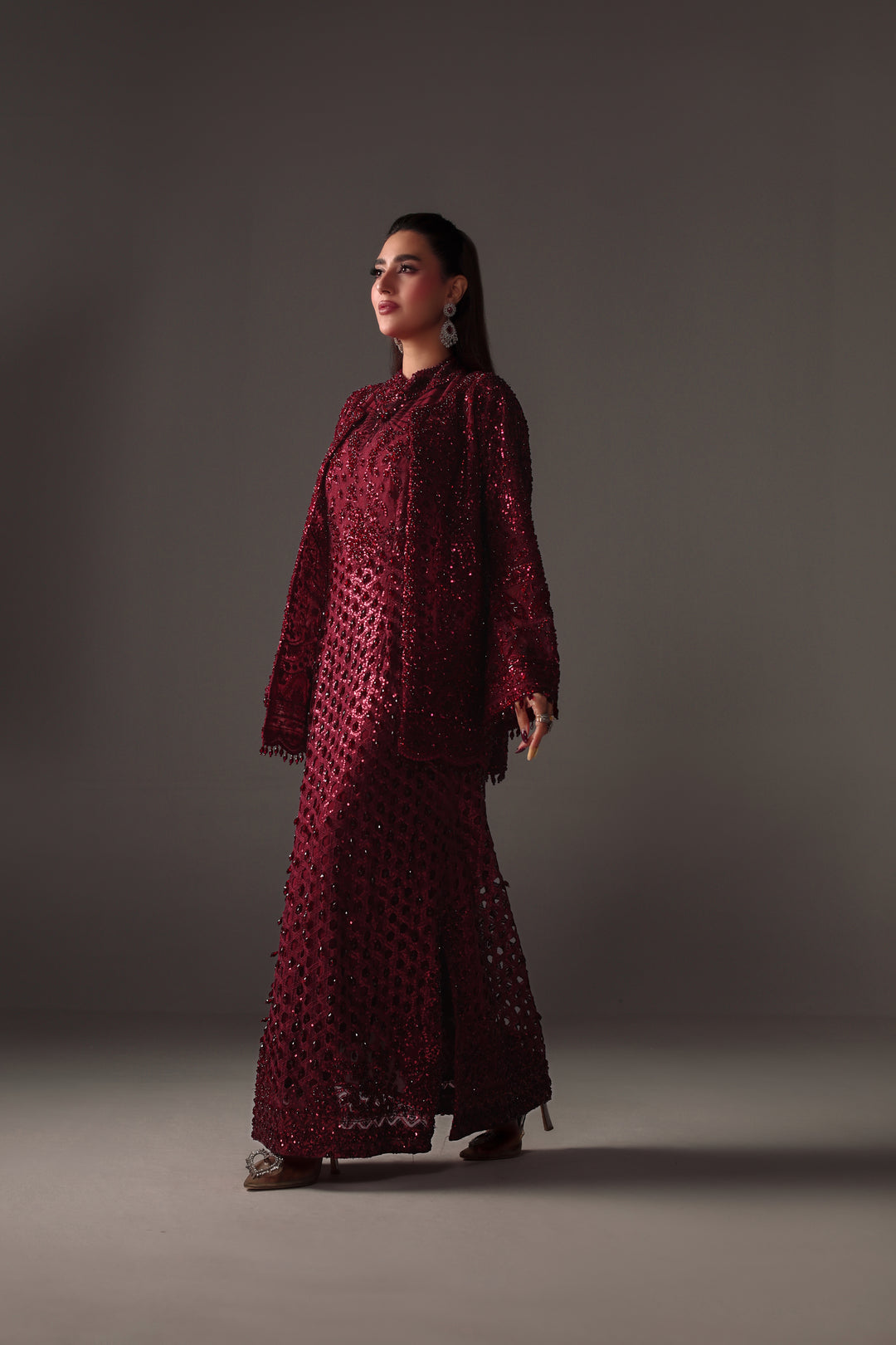 Reema Ahsan - Vira Net Jacket Dress For Women - Maroon - 2 Piece