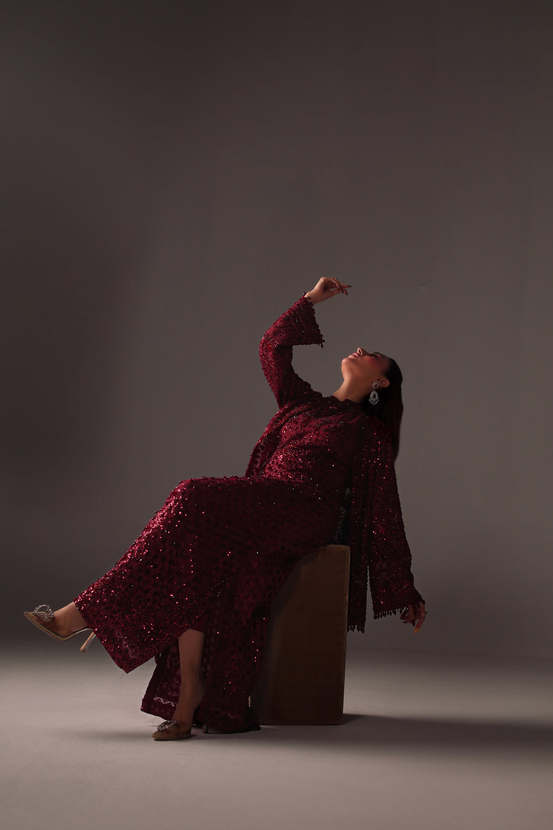 Reema Ahsan - Vira Net Jacket Dress For Women - Maroon - 2 Piece