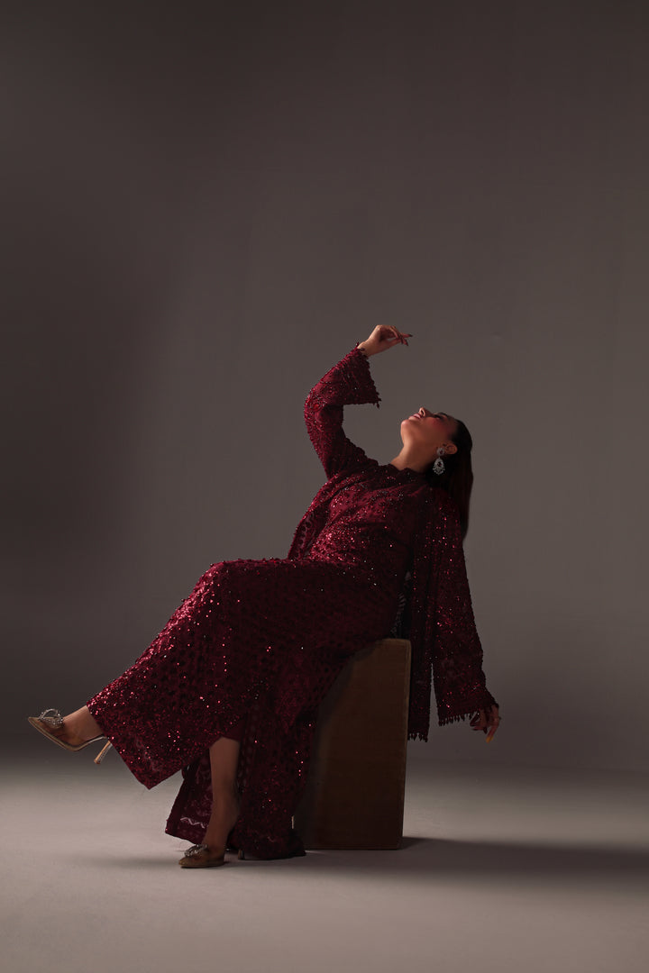 Reema Ahsan - Vira Net Jacket Dress For Women - Maroon - 2 Piece