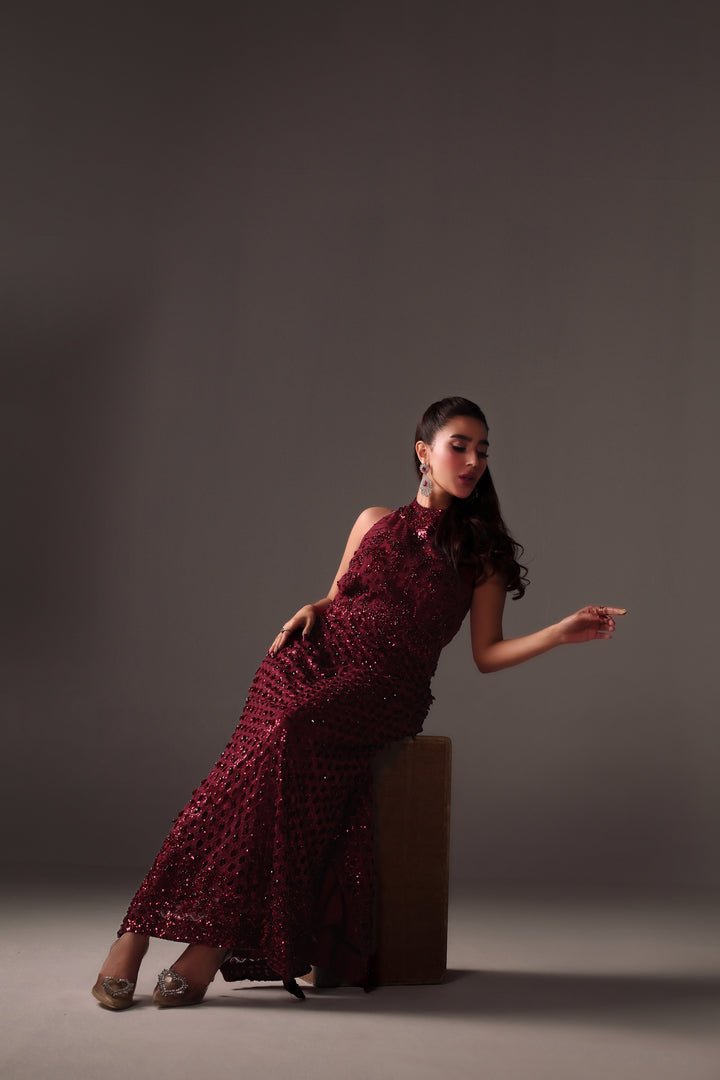 Reema Ahsan - Vira Net Jacket Dress For Women - Maroon - 2 Piece