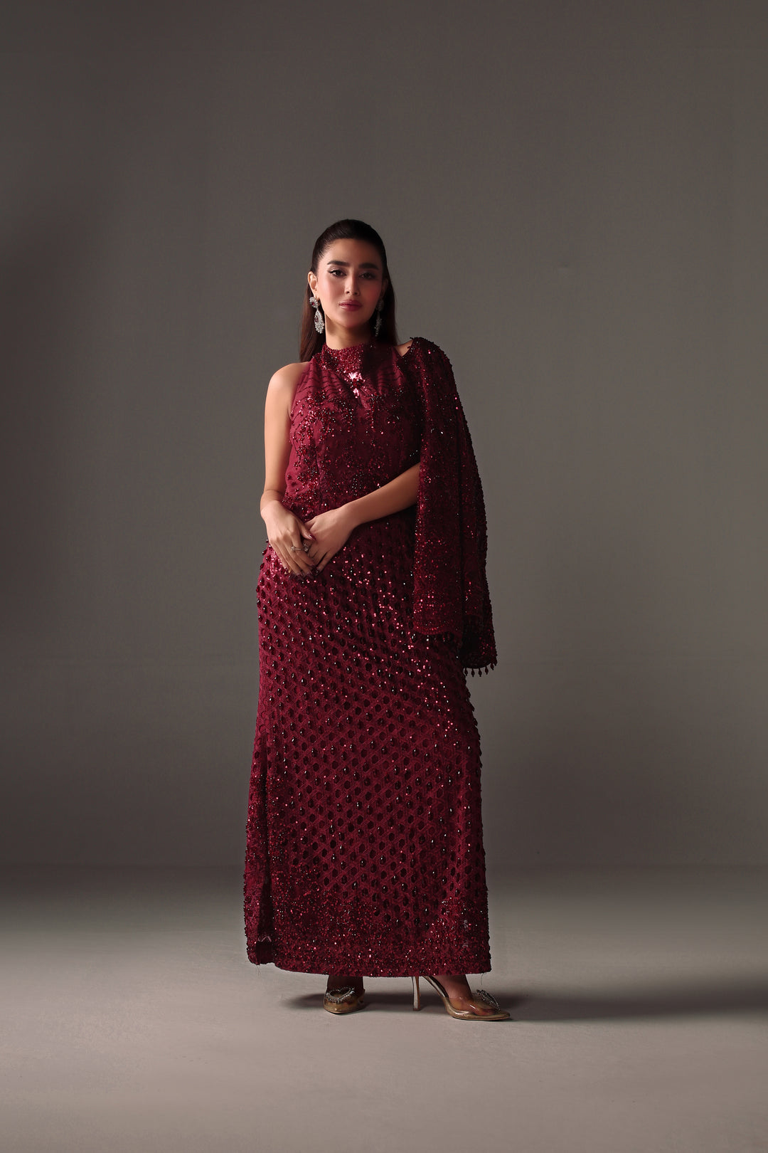 Reema Ahsan - Vira Net Jacket Dress For Women - Maroon - 2 Piece
