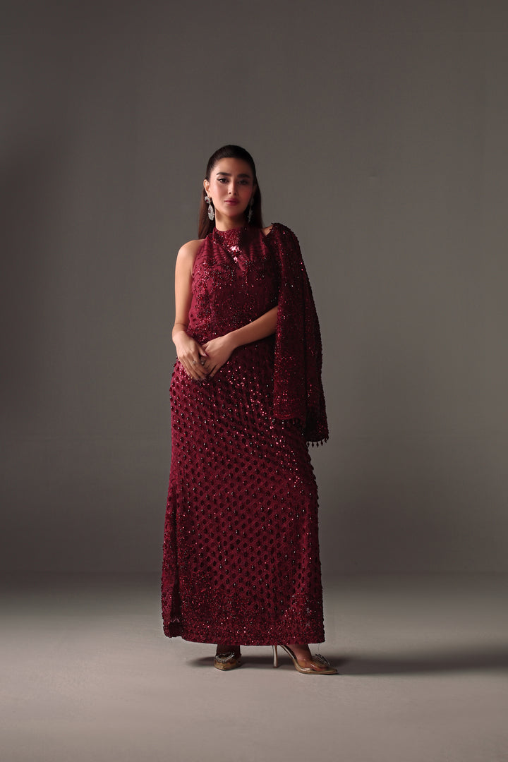 Reema Ahsan - Vira Net Jacket Dress For Women - Maroon - 2 Piece