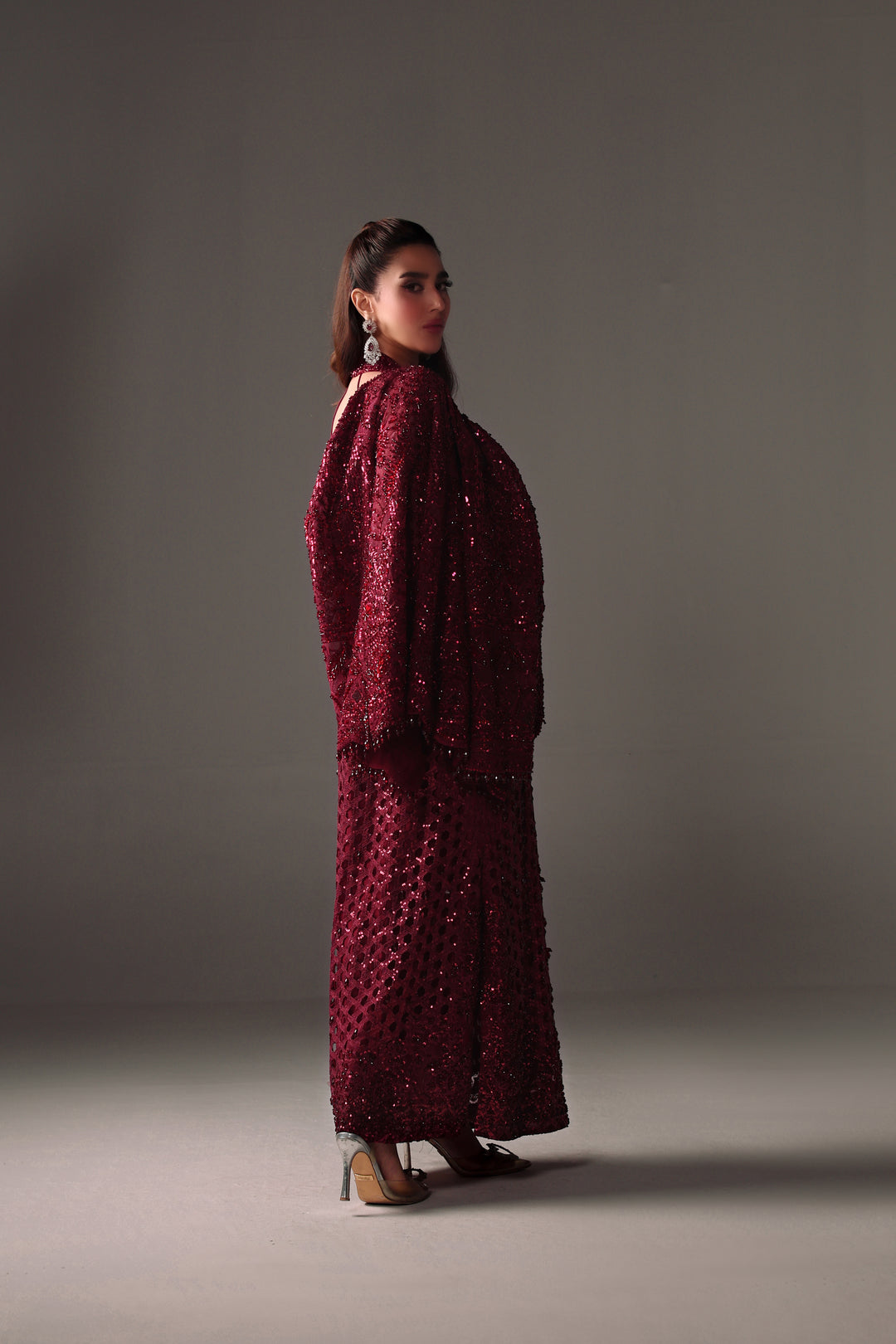 Reema Ahsan - Vira Net Jacket Dress For Women - Maroon - 2 Piece