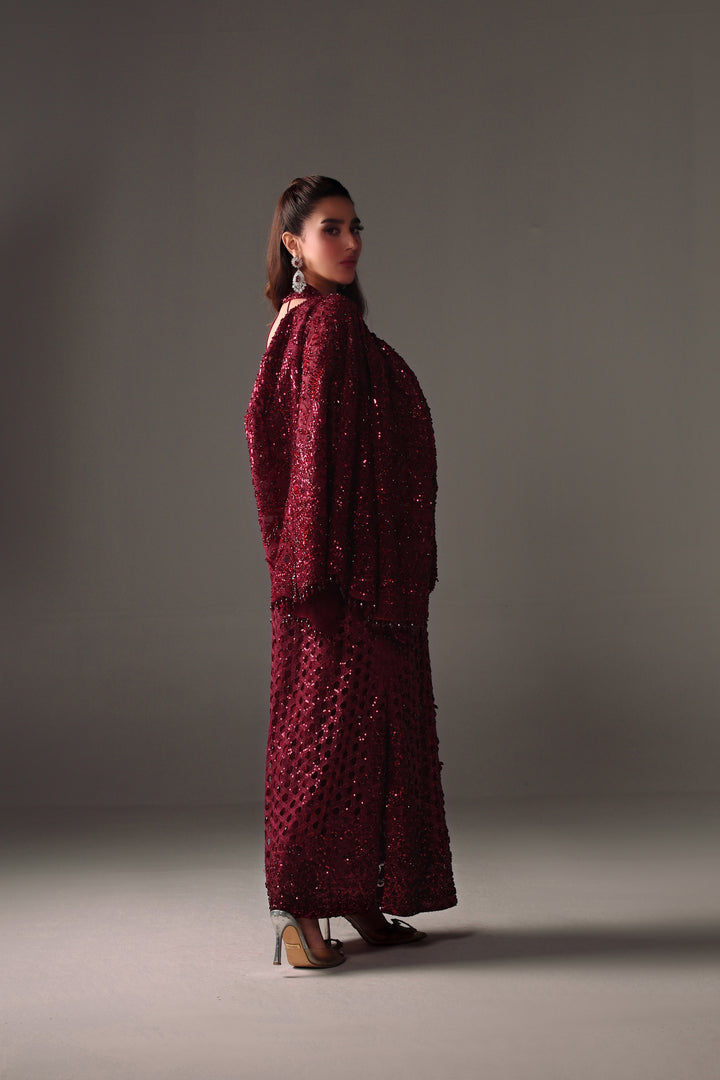 Reema Ahsan - Vira Net Jacket Dress For Women - Maroon - 2 Piece
