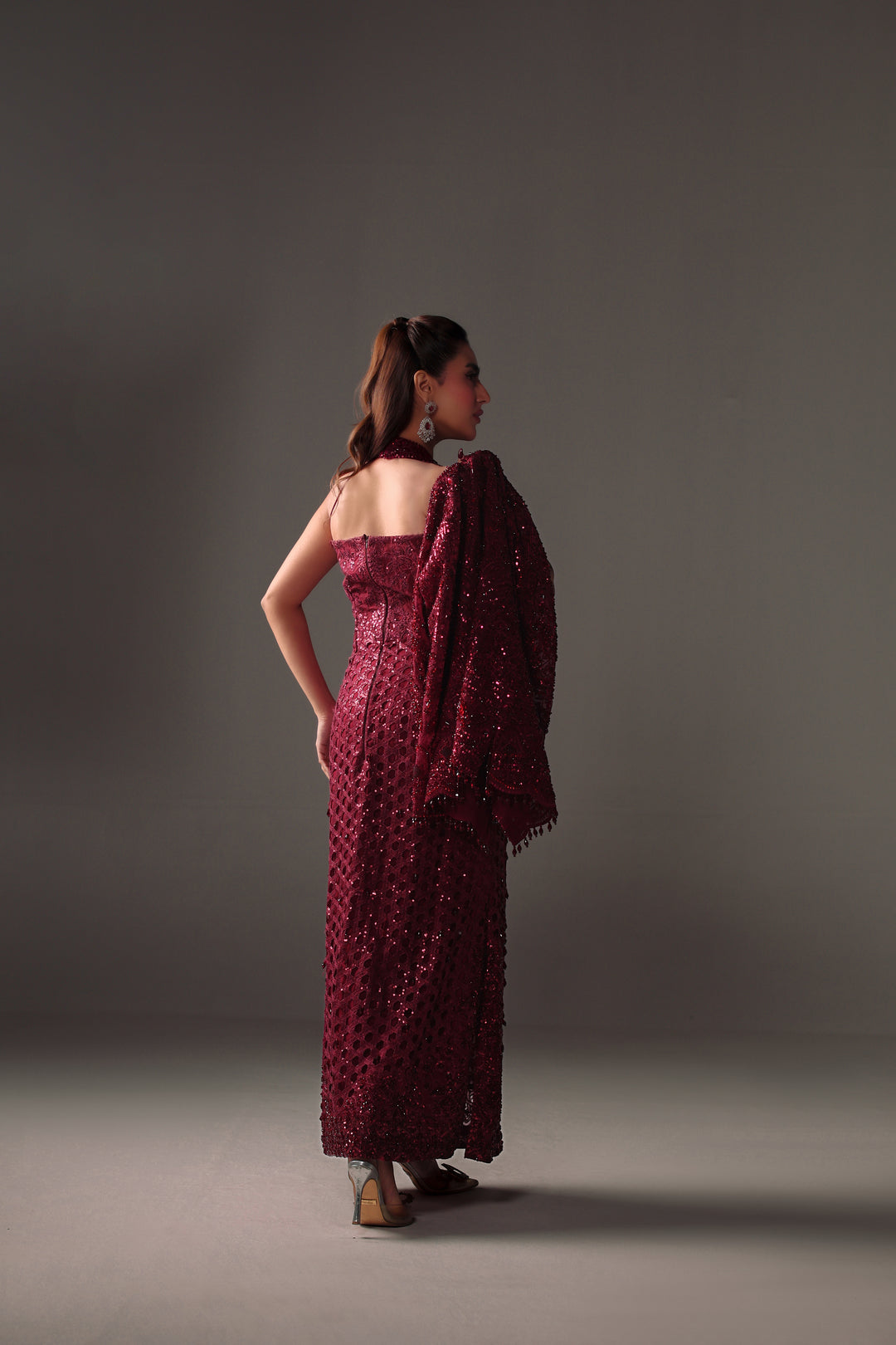 Reema Ahsan - Vira Net Jacket Dress For Women - Maroon - 2 Piece