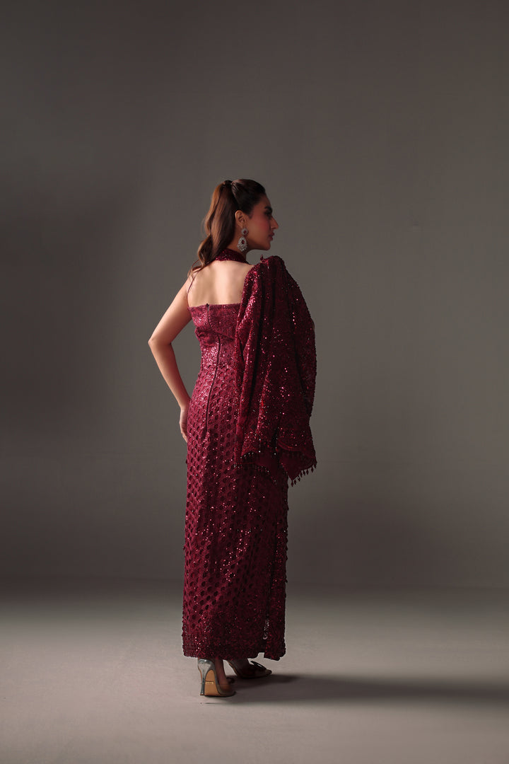 Reema Ahsan - Vira Net Jacket Dress For Women - Maroon - 2 Piece