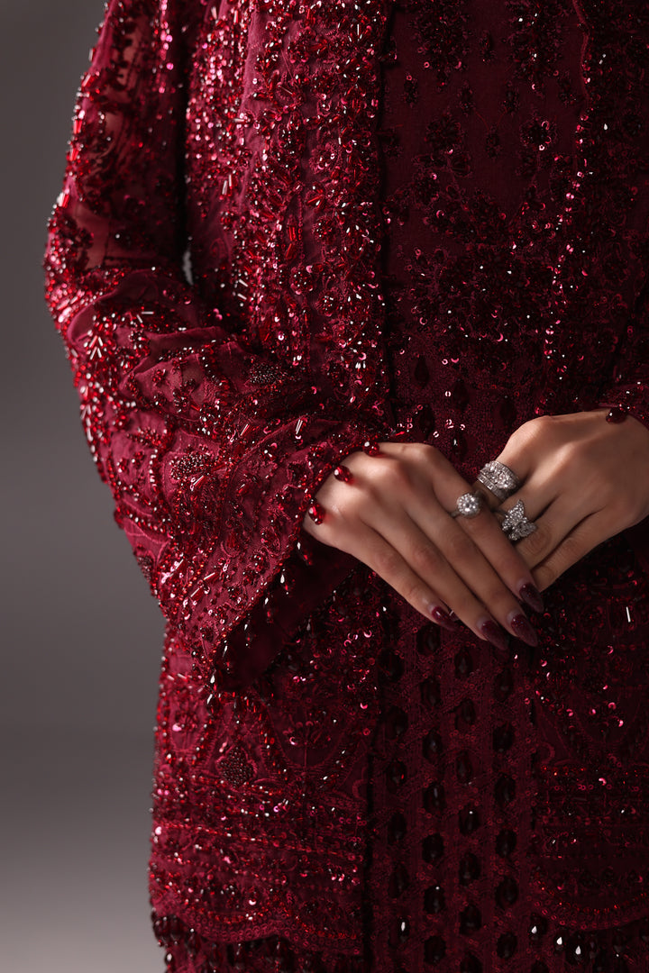 Reema Ahsan - Vira Net Jacket Dress For Women - Maroon - 2 Piece