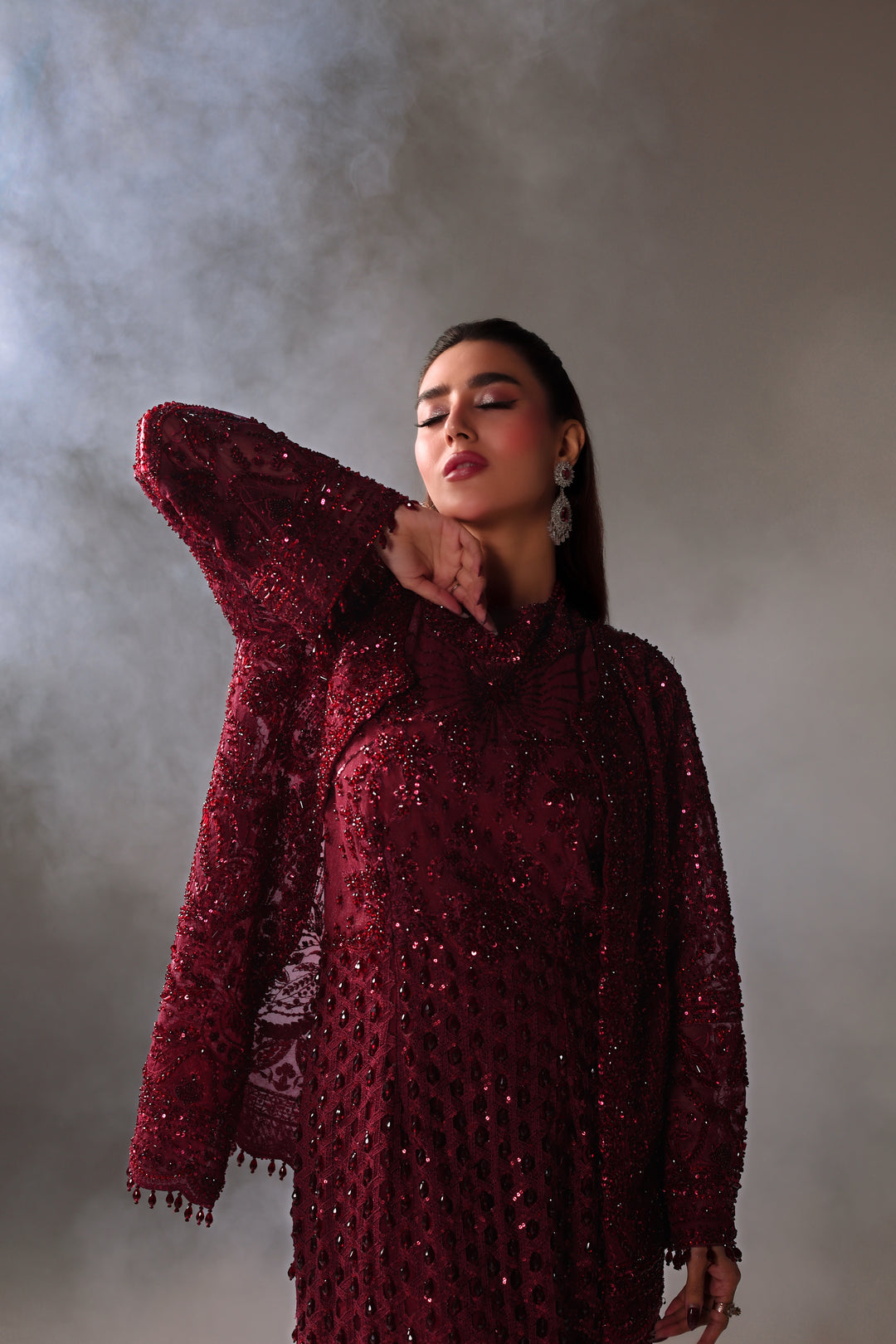 Reema Ahsan - Vira Net Jacket Dress For Women - Maroon - 2 Piece