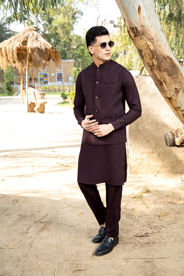 Arif Ashraf - Plum Kurta Trouser with Waistcoat - 3 Piece