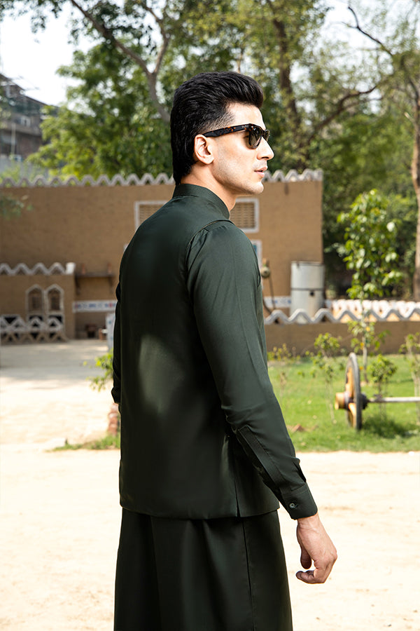 Arif Ashraf - Bottle Green Kurta Trouser with Waistcoat - 3 Piece