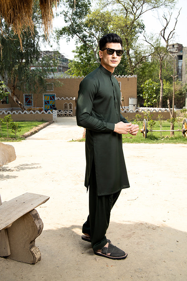 Arif Ashraf - Bottle Green Kurta Shalwar - 2 Piece
