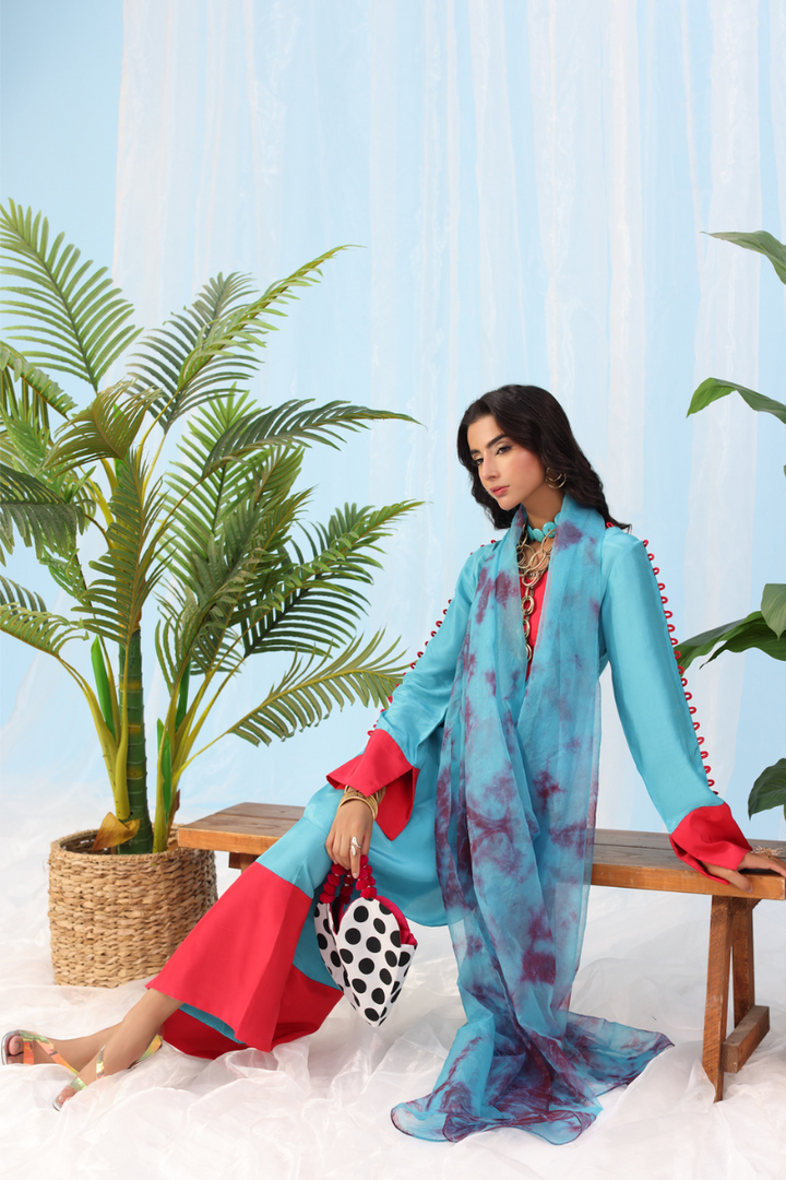 Musferah Saad - Eclectic Bloom - teal and tangerine - Silk - 2 Piece