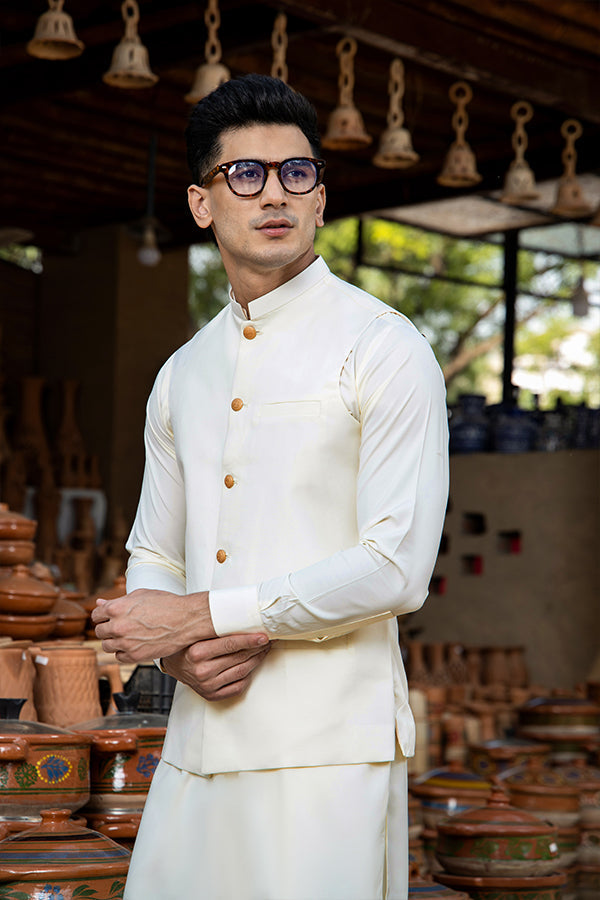 Arif Ashraf -  Cream Boski Kurta Trouser with Waistcoat - 3 Piece