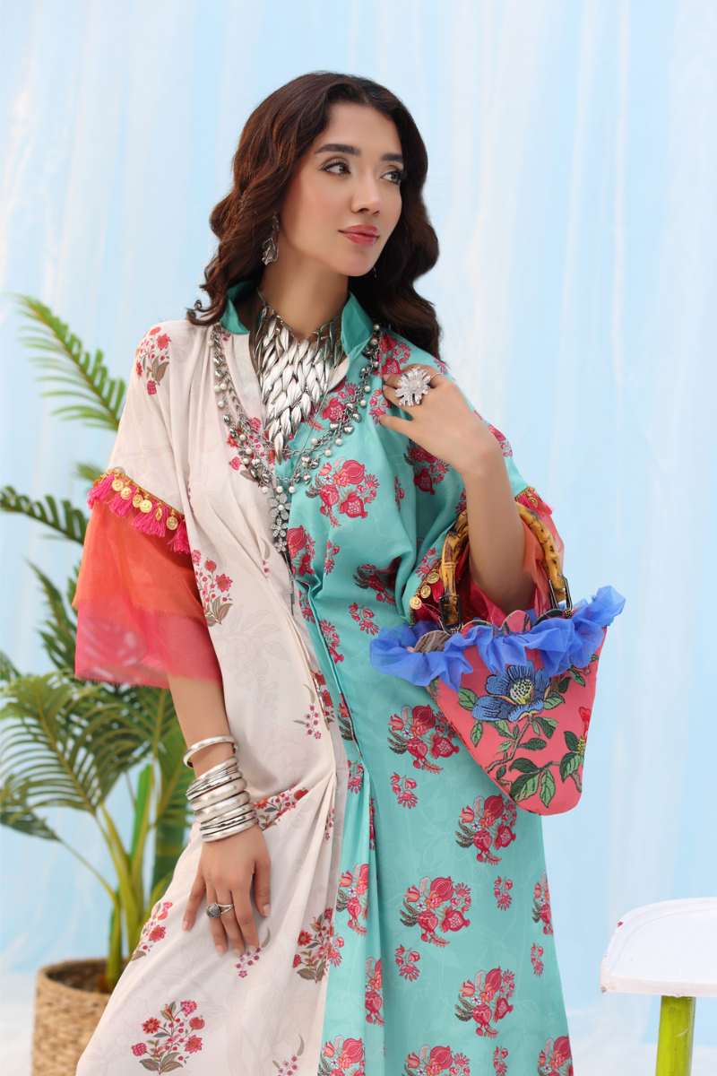 Musferah Saad - Tassel & Bloom - aqua and beige - Silk - 1 Piece
