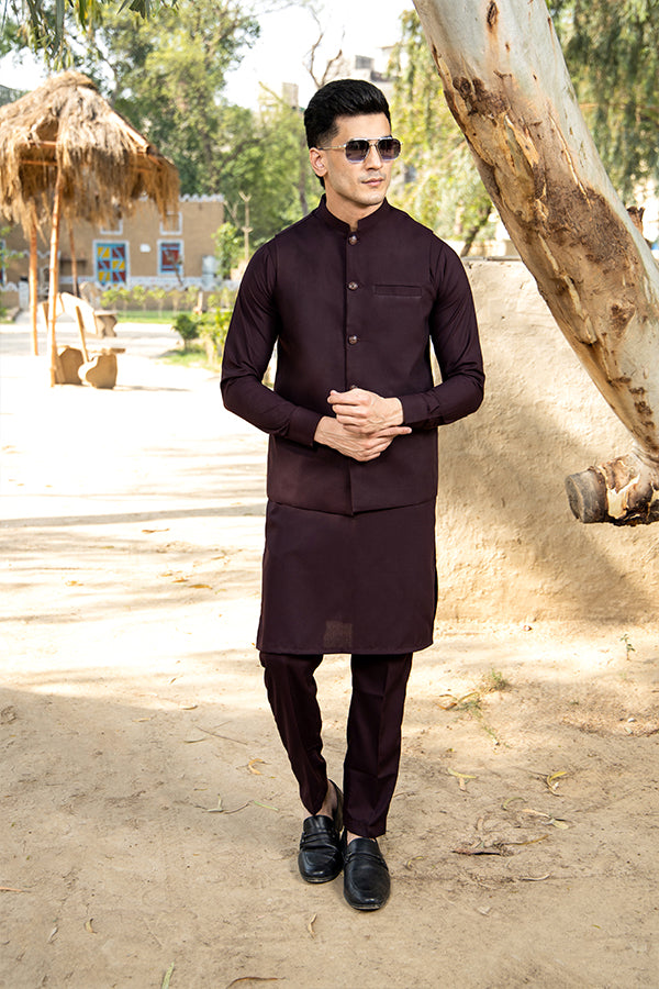 Arif Ashraf - Plum Kurta Trouser with Waistcoat - 3 Piece