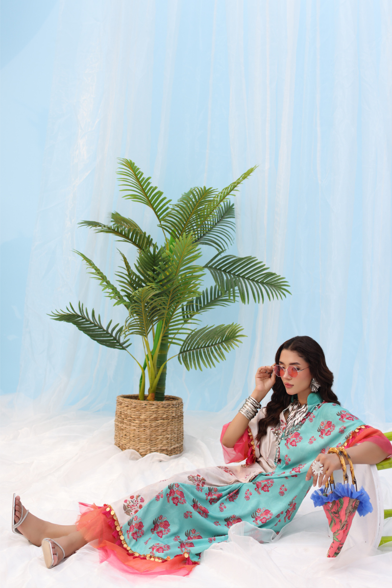 Musferah Saad - Tassel & Bloom - aqua and beige - Silk - 1 Piece