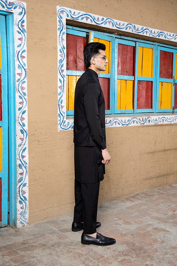 Arif Ashraf - Boski Black Kurta Trouser with Waistcoat - 3 Piece