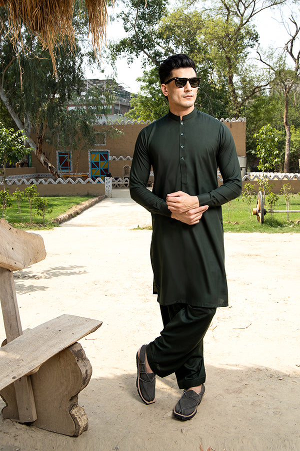 Arif Ashraf - Bottle Green Kurta Shalwar - 2 Piece
