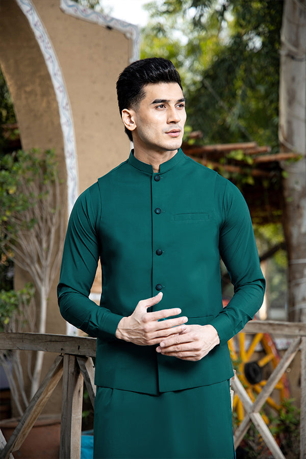 Arif Ashraf - Teal Kurta Trouser with Waistcoat - 3 Piece