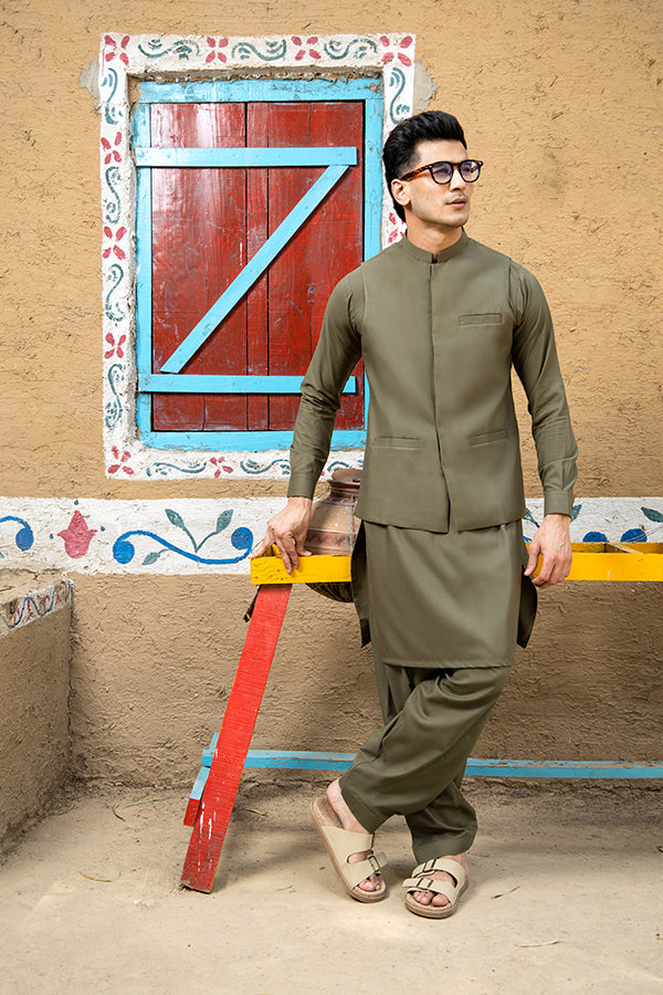 Arif Ashraf - Army Green Kurta Shalwar with Waistcoat - 3 Piece