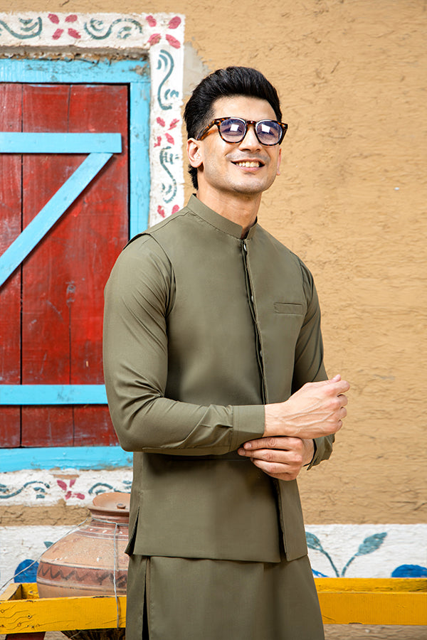 Arif Ashraf - Army Green Kurta Trouser with Waistcoat - 3 Piece
