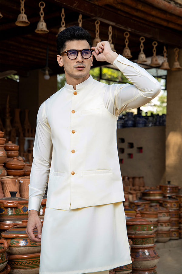 Arif Ashraf -  Cream Boski Kurta Trouser with Waistcoat - 3 Piece
