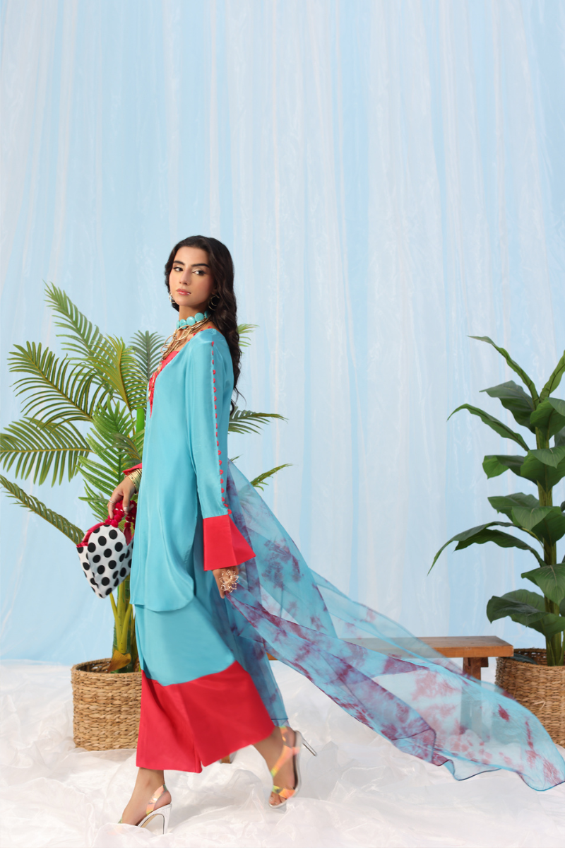 Musferah Saad - Eclectic Bloom - teal and tangerine - Silk - 2 Piece