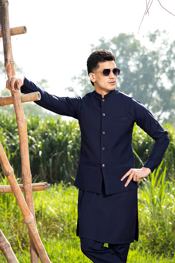 Arif Ashraf - Navy Blue Kurta Trouser with Waistcoat - 3 Piece