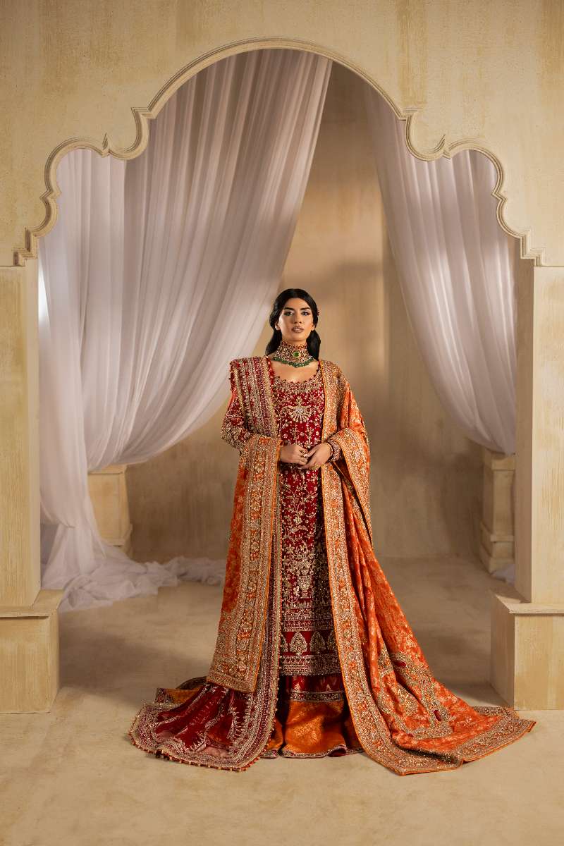 Anayra Amal - Dilkash Embroidered + Hand Worked Net+Jamawar Suit For Women - Red - 4 Piece