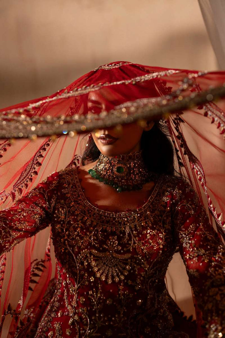 Anayra Amal - Dilkash Embroidered + Hand Worked Net+Jamawar Suit For Women - Red - 4 Piece