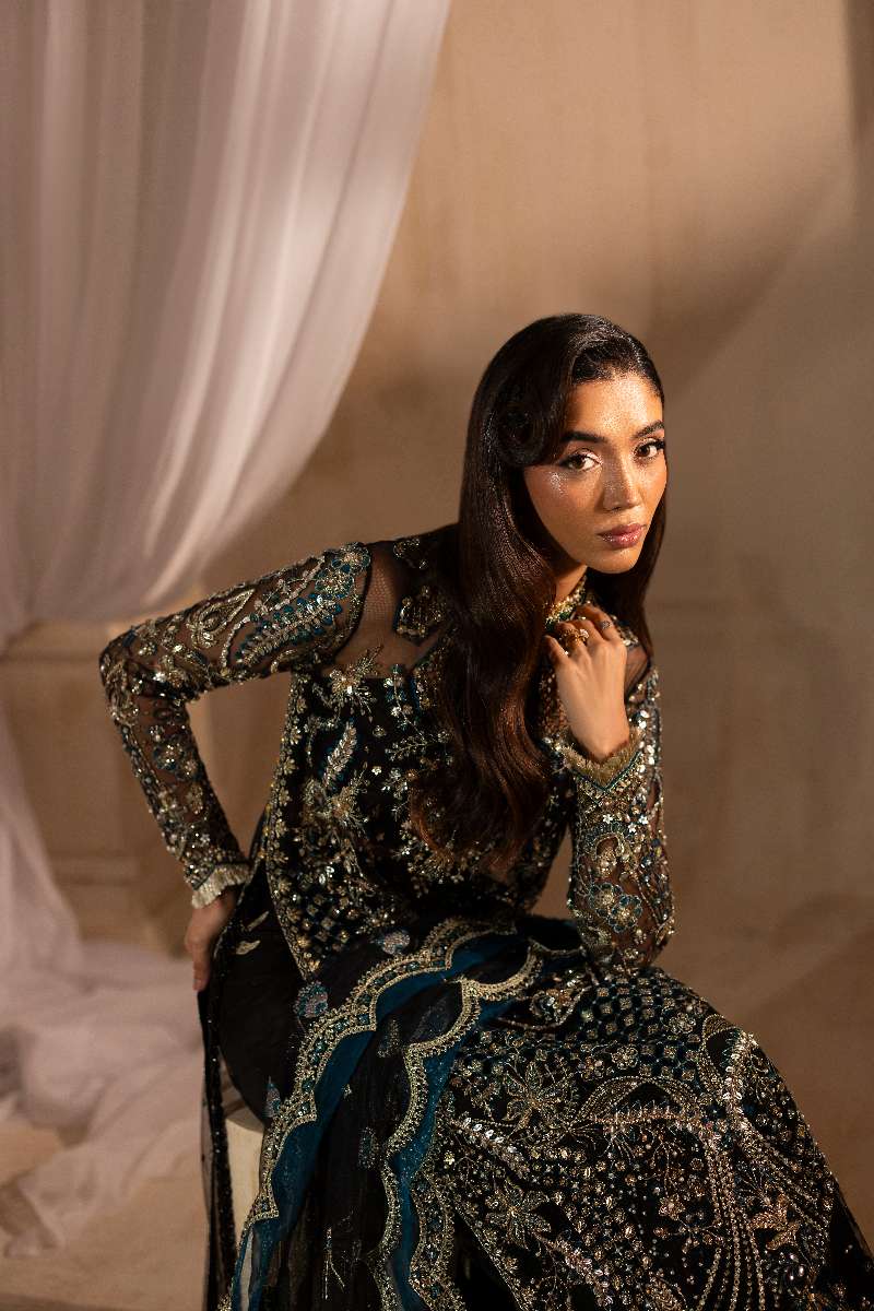 Anayra Amal - Siyah Embroidered + Hand Embellishment Net Suit For Women - Black - 3 Piece