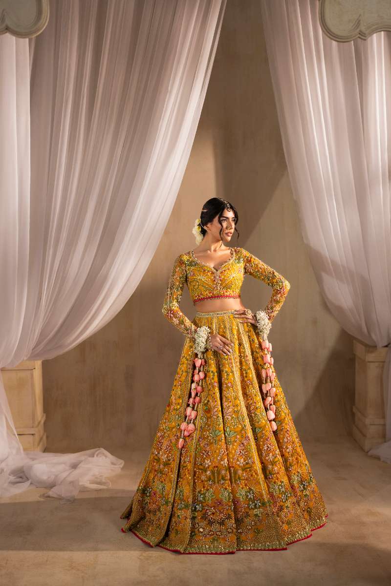 Anayra Amal - Henna Embroidered + Hand Embellishment Net Suit For Women - Mustard Yellow - 3 Piece