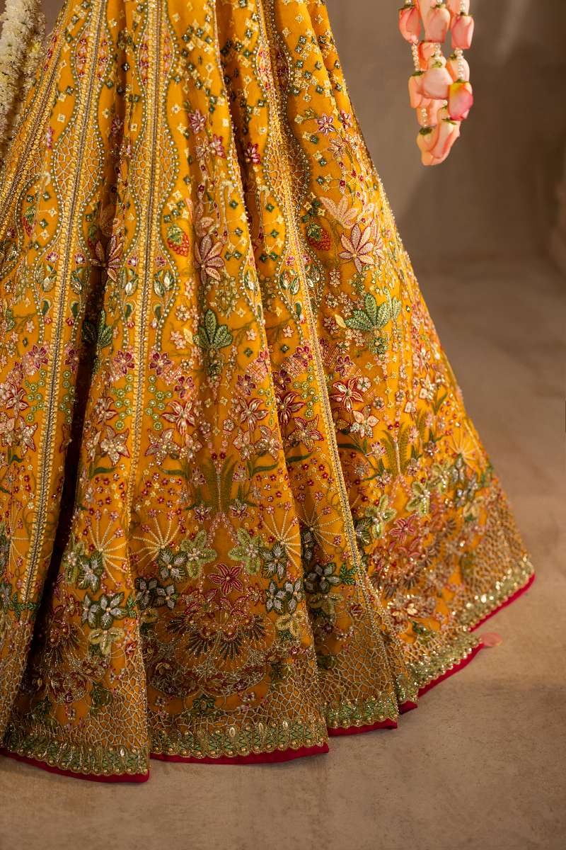 Anayra Amal - Henna Embroidered + Hand Embellishment Net Suit For Women - Mustard Yellow - 3 Piece