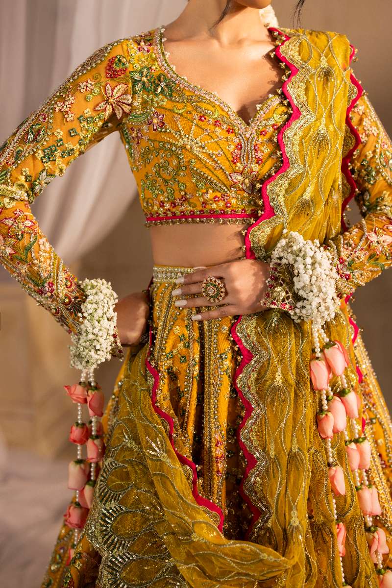 Anayra Amal - Henna Embroidered + Hand Embellishment Net Suit For Women - Mustard Yellow - 3 Piece