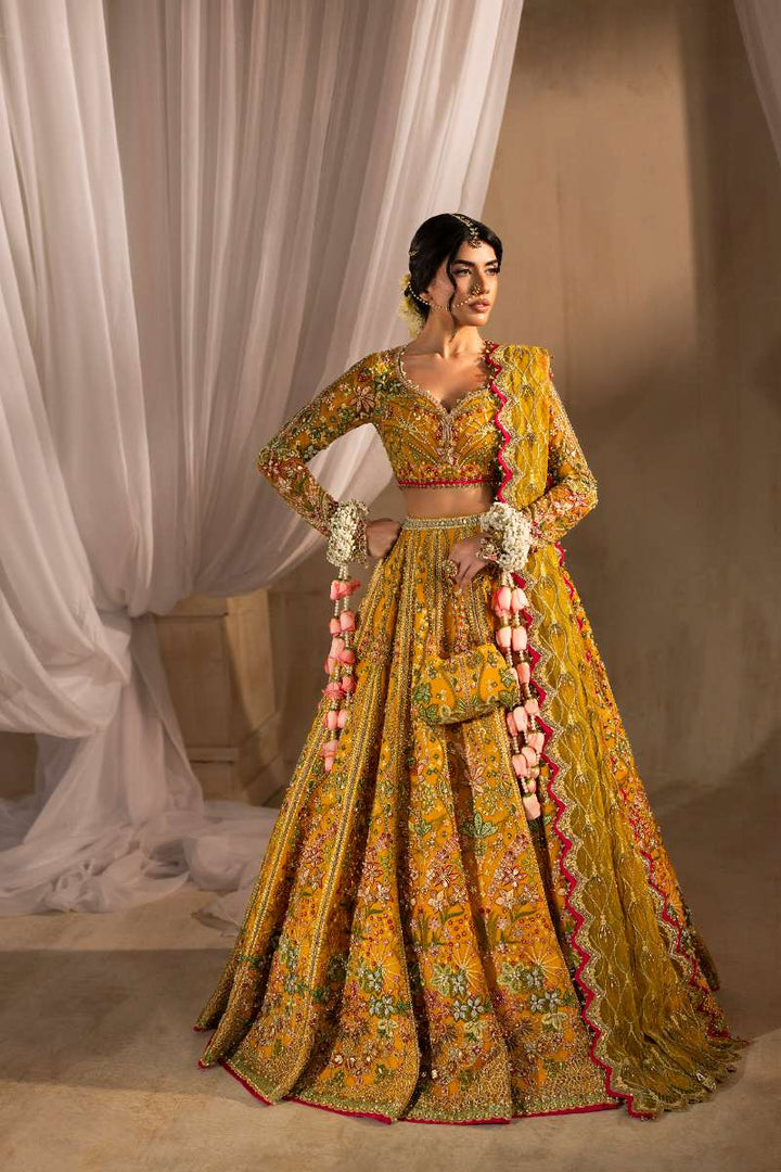 Anayra Amal - Henna Embroidered + Hand Embellishment Net Suit For Women - Mustard Yellow - 3 Piece
