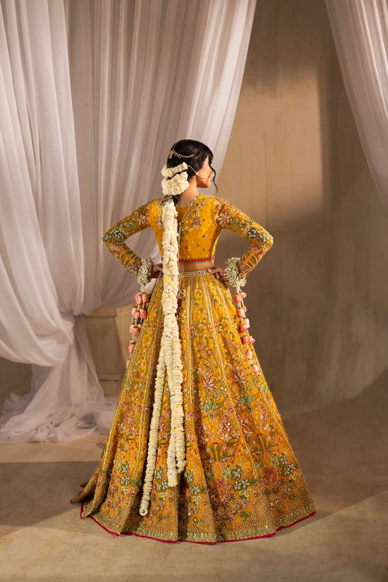 Anayra Amal - Henna Embroidered + Hand Embellishment Net Suit For Women - Mustard Yellow - 3 Piece