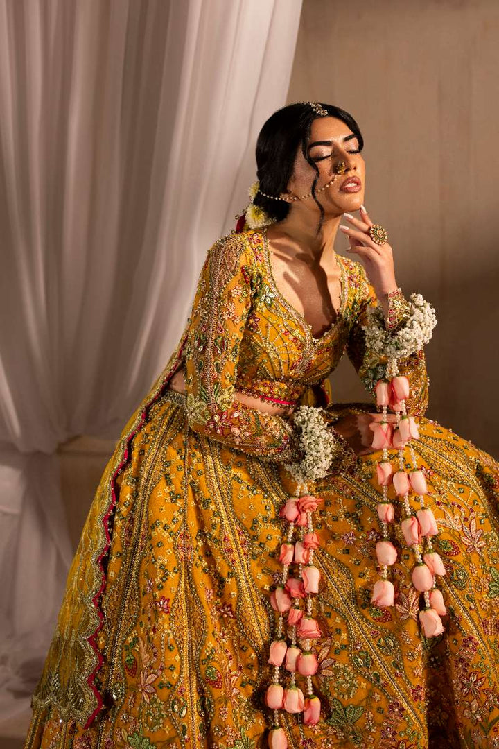 Anayra Amal - Henna Embroidered + Hand Embellishment Net Suit For Women - Mustard Yellow - 3 Piece