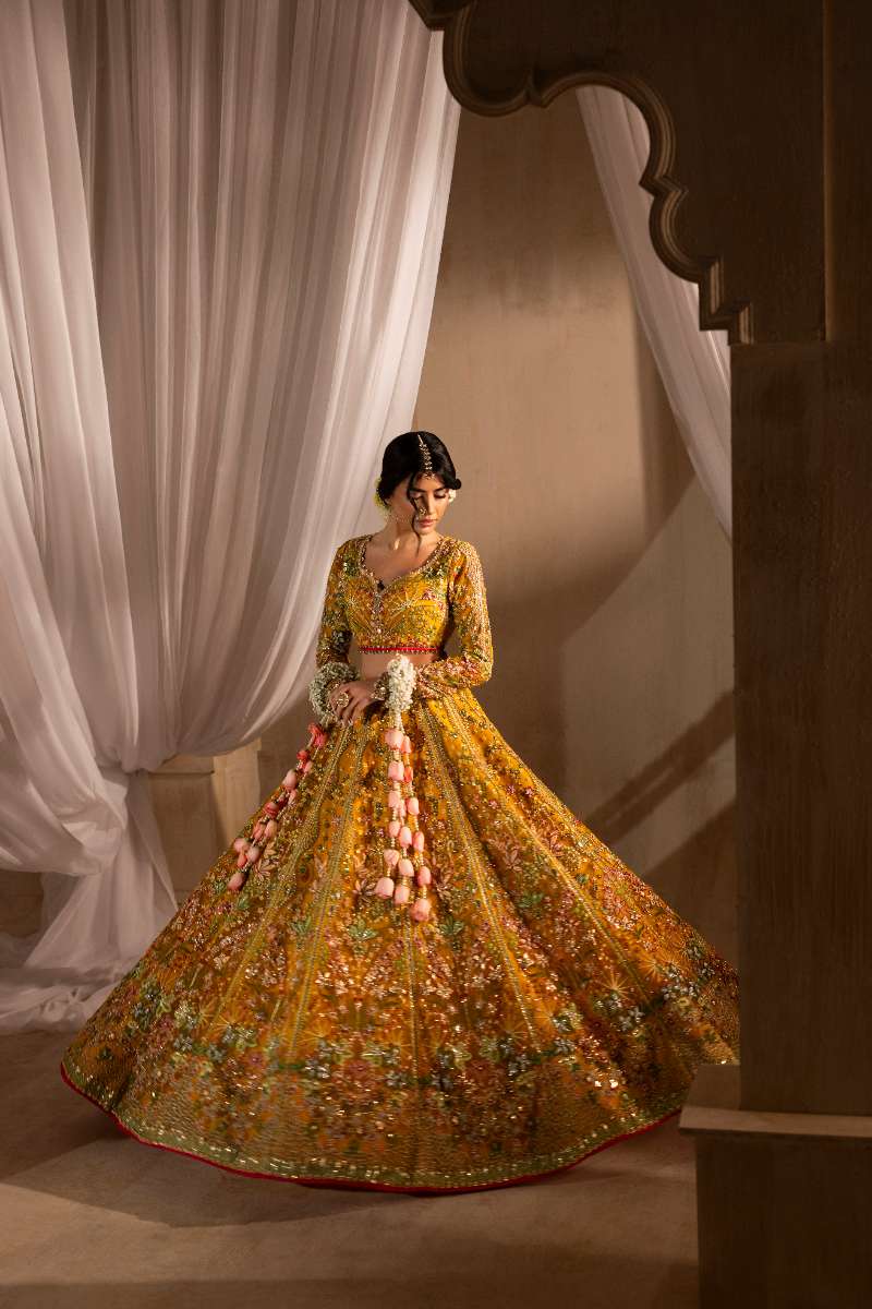 Anayra Amal - Henna Embroidered + Hand Embellishment Net Suit For Women - Mustard Yellow - 3 Piece