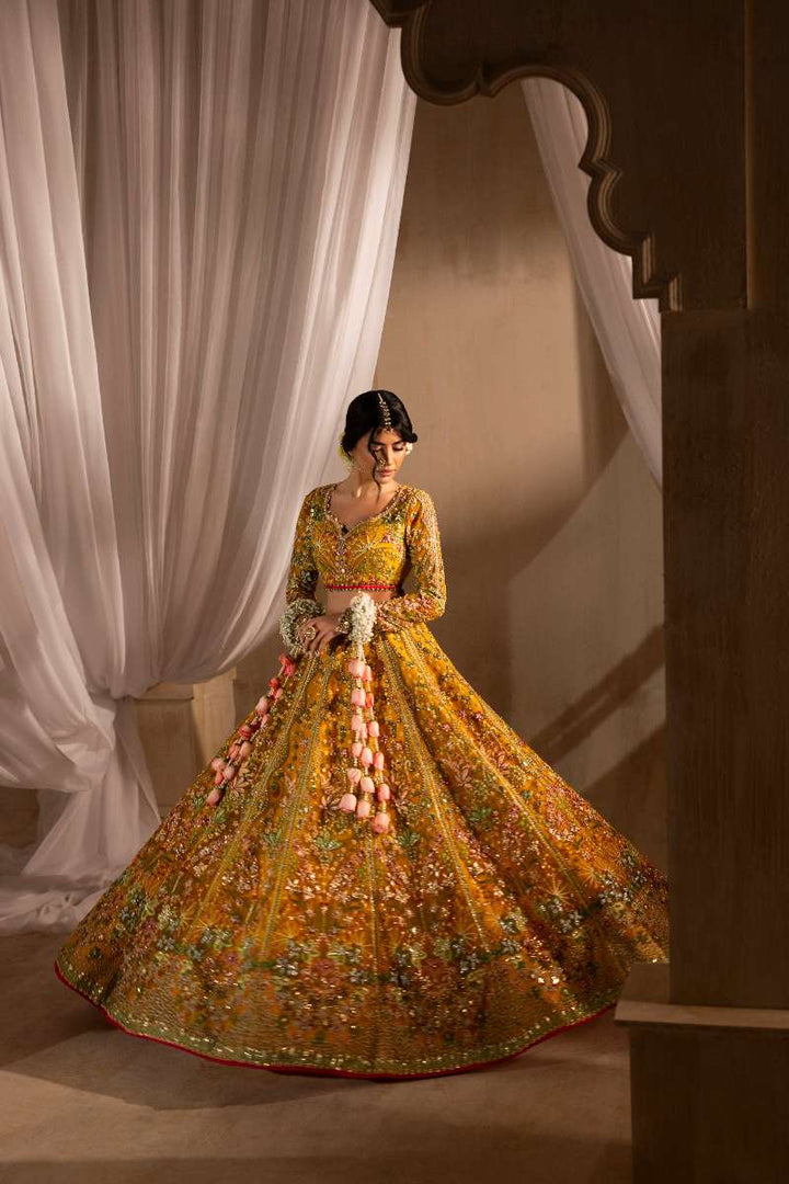 Anayra Amal - Henna Embroidered + Hand Embellishment Net Suit For Women - Mustard Yellow - 3 Piece