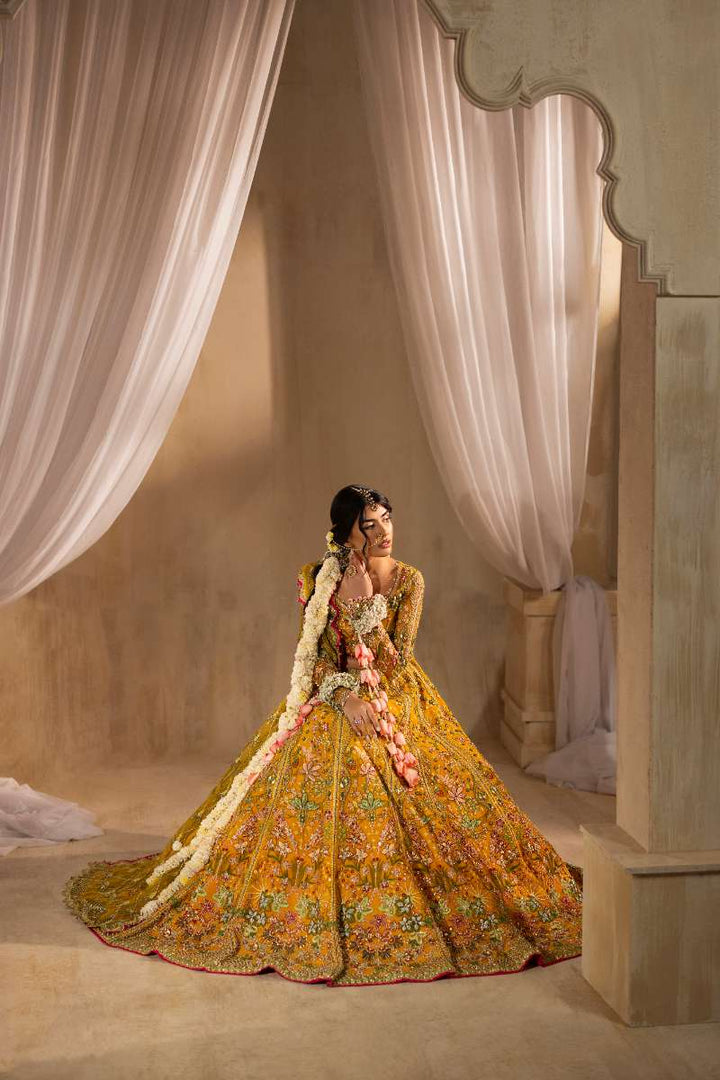 Anayra Amal - Henna Embroidered + Hand Embellishment Net Suit For Women - Mustard Yellow - 3 Piece