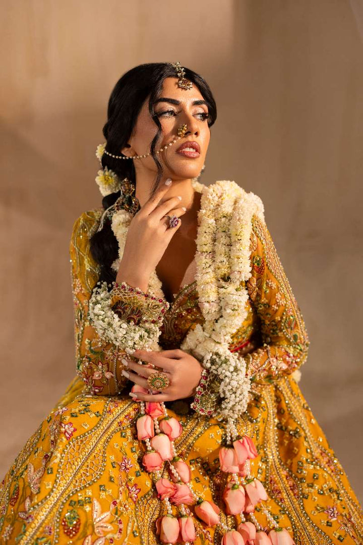 Anayra Amal - Henna Embroidered + Hand Embellishment Net Suit For Women - Mustard Yellow - 3 Piece