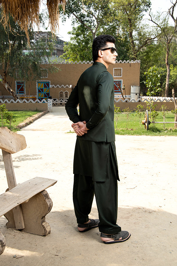 Arif Ashraf - Bottle Green Kurta Shalwar with Waistcoat