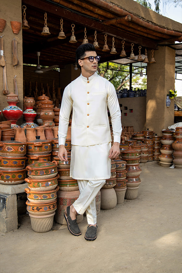 Arif Ashraf -  Cream Boski Kurta Trouser with Waistcoat - 3 Piece