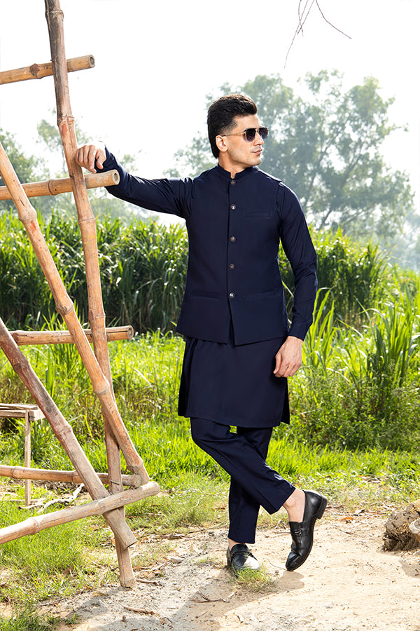 Arif Ashraf - Navy Blue Kurta Trouser with Waistcoat - 3 Piece