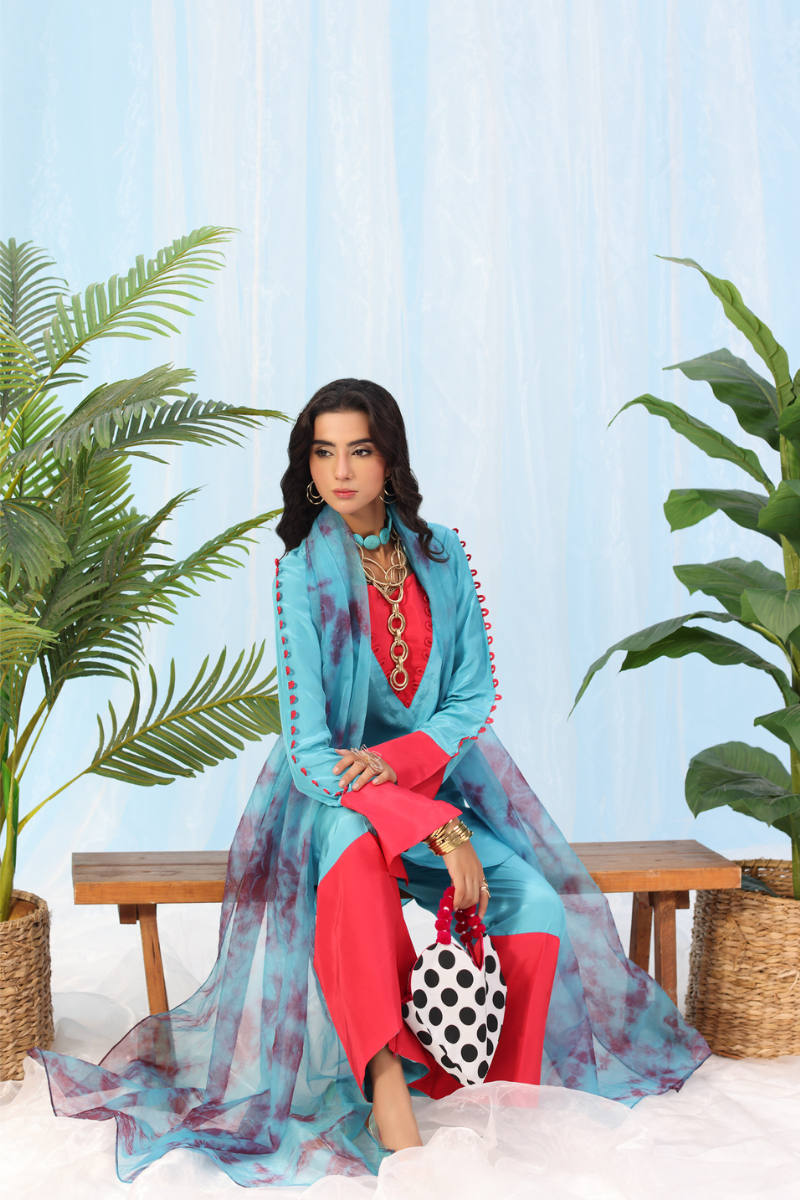 Musferah Saad - Eclectic Bloom - teal and tangerine - Silk - 2 Piece