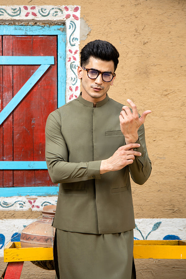 Arif Ashraf - Army Green Kurta Trouser with Waistcoat - 3 Piece